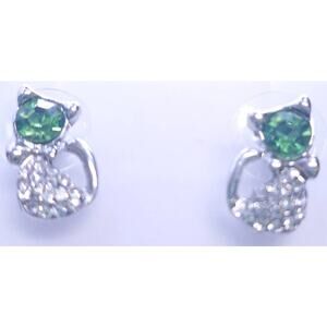 Peridot Colored Clear Crystal Sparkling Kitty Cat Feline Earrings Silver Plated